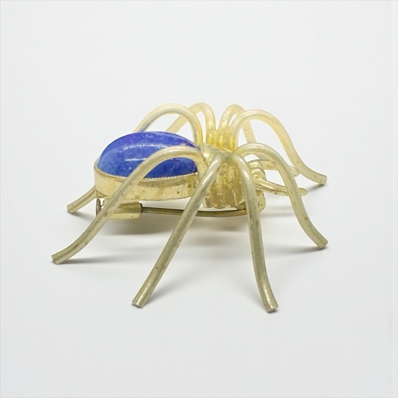 Antique-Vintage Art Deco Tall Brass & Lapis Lazuli Glass Cabochon Spider Brooch - Picture 3 of 10